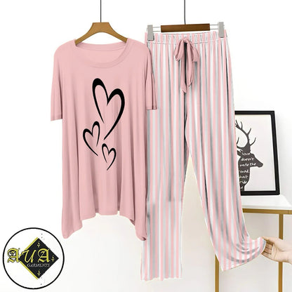 LIght Pink Printed Night Suit with Luxurious Lining Pajamas Stylish Sleepwear Set for a Cozy Night's Rest