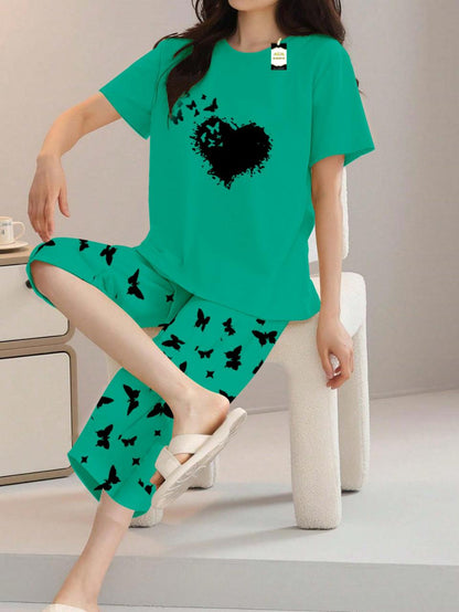 Printed Half-Sleeved Vest For Leisure Home Wear Female Sleepwear Night Dress